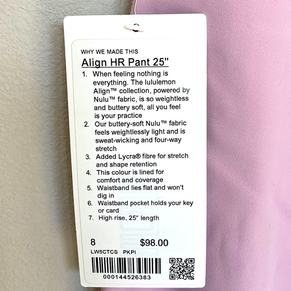 NWT Lululemon Align High-Rise Pant 25" Pink Peony Size 8 - Picture 6 of 11